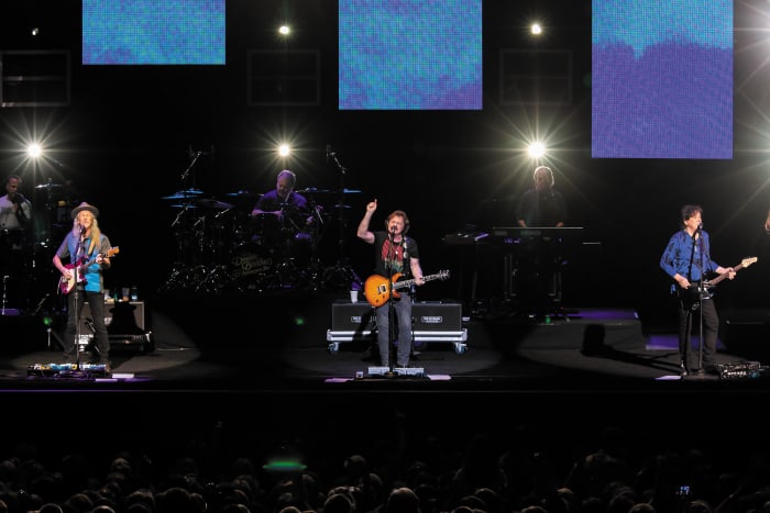 Patrick Simmons, Tom Johnston and John McFee of The Doobie Brothers perform onstage during opening night of the 50th Anniversary with Michael McDonald at Hollywood Casino Amphitheater on August 29, 2021, in Tinley Park, Illinois.