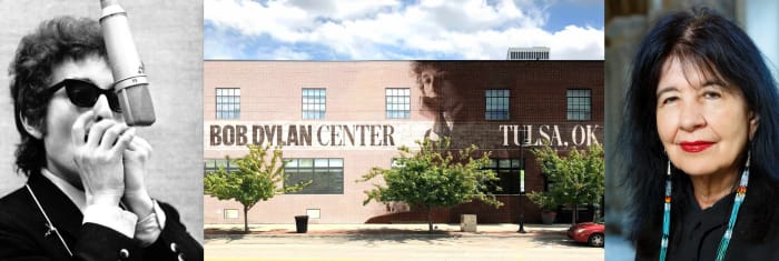 Bob Dylan (1963, photo by Don Hunstein), the new Bob Dylan Center and Joy Harjo..Photos courtesy of BDC publicity.