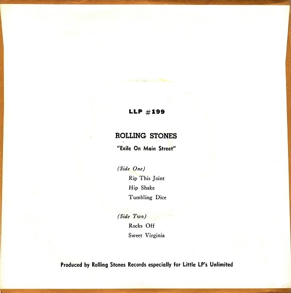 The back of a Special Edition 7-inch of 'Exile On Main St.' released by Atlantic in the U.S. in May 1972. Includes "Rocks Off," "Rip This Joint," "Tunbling Dice" and others. Image courtesy of 45Cat.com