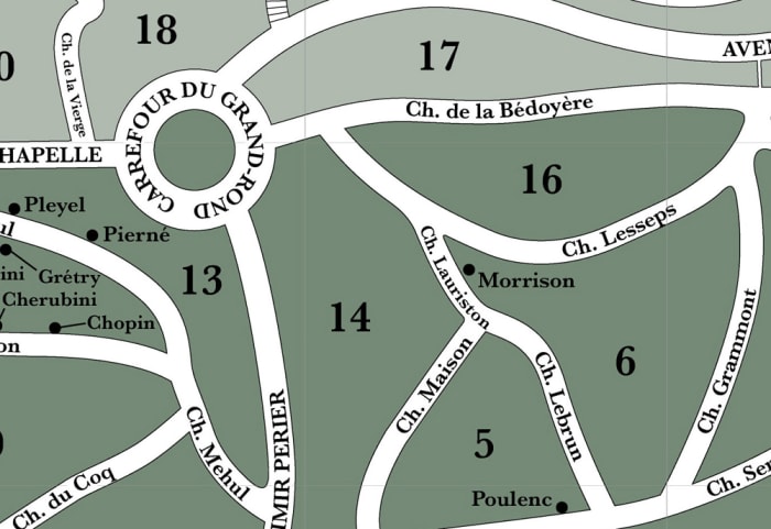 A crop of a "City of Immortals" map of the Père-Lachaise Cemetery, Paris, showing Jim Morrison's burial site.