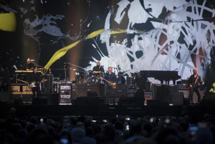 Paul McCartney’s touring band pictured at McCartney’s show on Thursday, June 16th at MetLife Stadium in East Rutherford, NJ are (left to right) keyboardist Paul “Wix” Wickens, guitarist Rusty Anderson, drummer Abe Laboriel Jr., McCartney and guitarist Brian Ray. (Photo by Christopher Smith/Invision/AP)