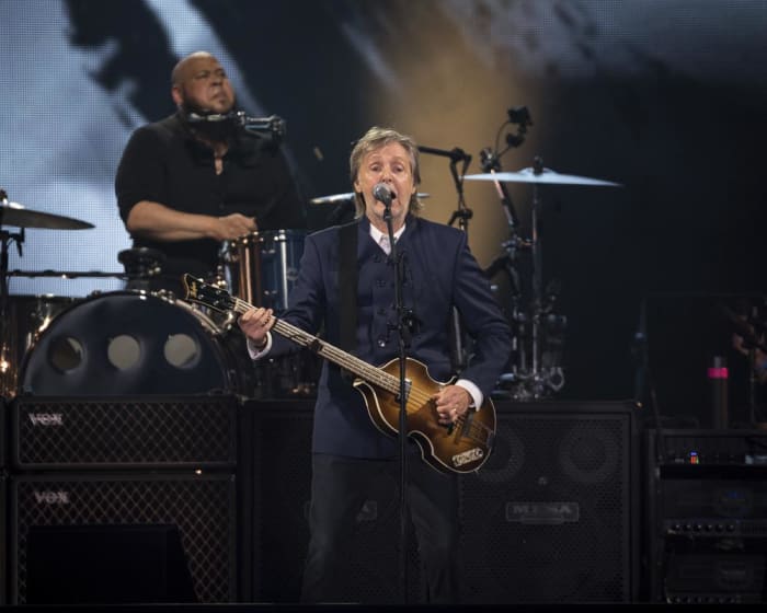 Drummer Abe Laboriel Jr. and Paul McCartney are pictured here at the closing show of McCartney’s Got Back tour on Thursday, June 16th at MetLife Stadium in East Rutherford, NJ. (Photo by Christopher Smith/Invision/AP)