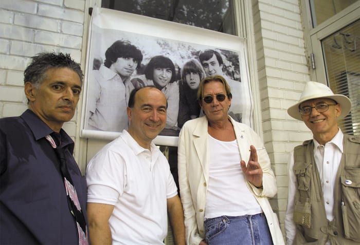 The Beau Brummels reunited for the Baypop 2000 festival to honor Autumn Records, a San Francisco record label of the 1960s. The original four members (L-R): Sal Valentino, Ron Meagher, John Petersen and Ron Elliott, stand in front of a 1965 poster of the group, in the same lineup order.