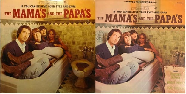 Original mono (toilet) cover and reissued Gold Record stereo release with hit titles covering the toilet