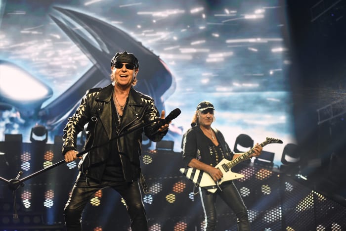Scorpions rock their show with many lights and visuals, including a giant metallic scorpion on the back screen.