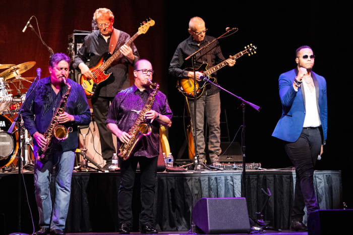 Left to right: Tower of Power's Tom E. Politzer, Mark van Wageningen, Emilio Castillo, Jerry Cortez and Mike Jerel on Nov. 18 in Carteret, New Jersey.  (Photo by Chris M. Junior)