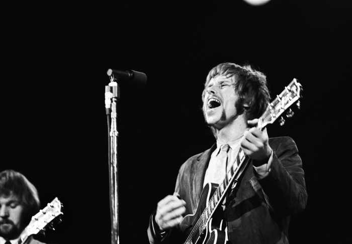 Moby Grape’s Jerry Miller with Skip Spence, performing onstage at the Monterey Pop Festival, on June 17, 1967 in Monterey, California.