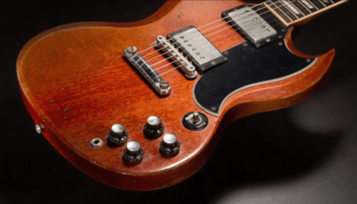 Duane Allman's guitar, circa 1961/1962, a Gibson SG, Cherry, solid body electric guitar, serial #15263, which was owned and played by Graham Nash, sold for $591,000 on July 21, 2019 via Heritage Auctions.