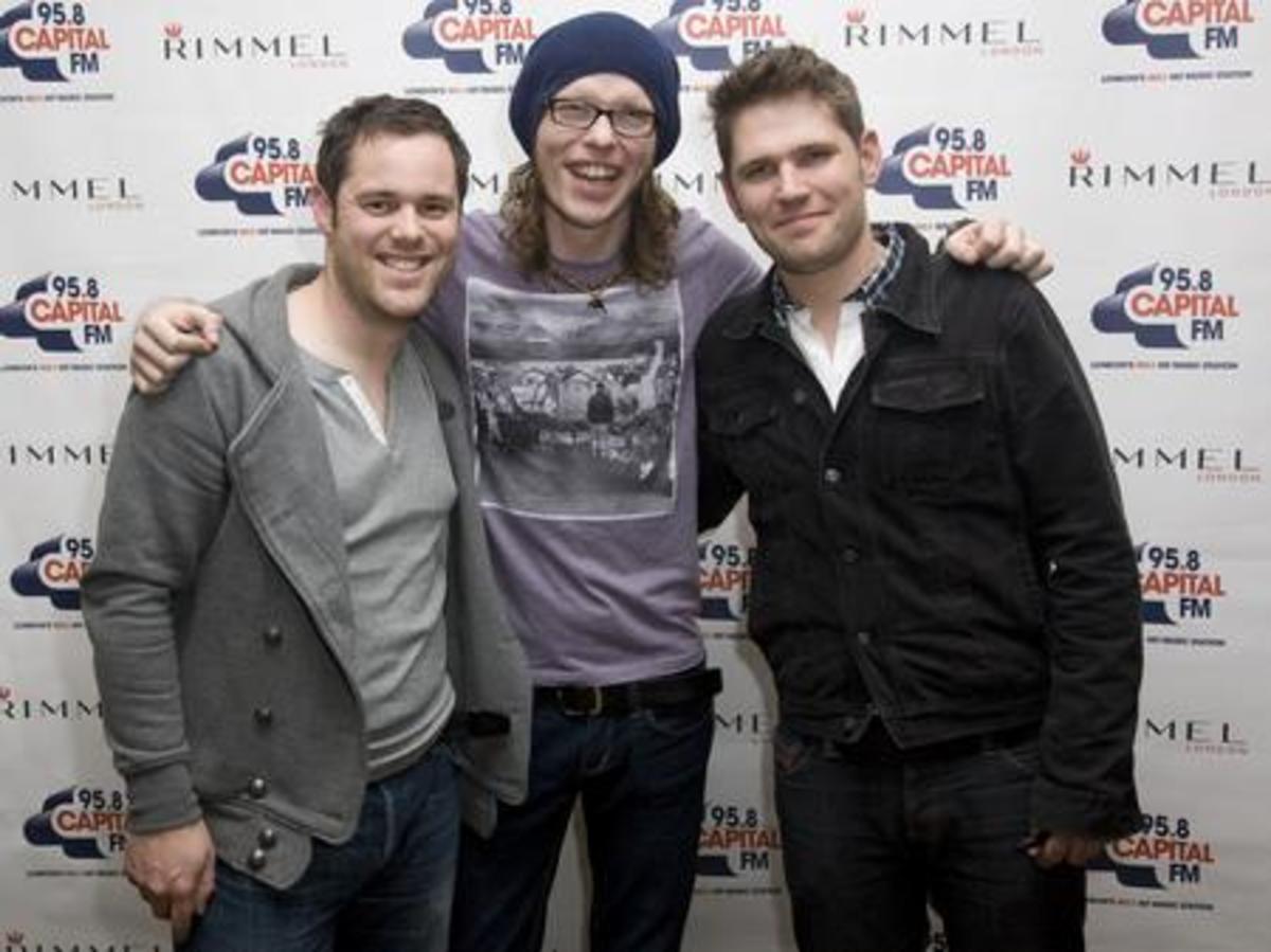 Scouting For Girls pictured at their Capital FM Rimmel Room live session in London. They are (left to right) drummer Peter Ellard, bassist Gary Churchouse, and vocalist/keyboardist/guitarist Roy Stride.