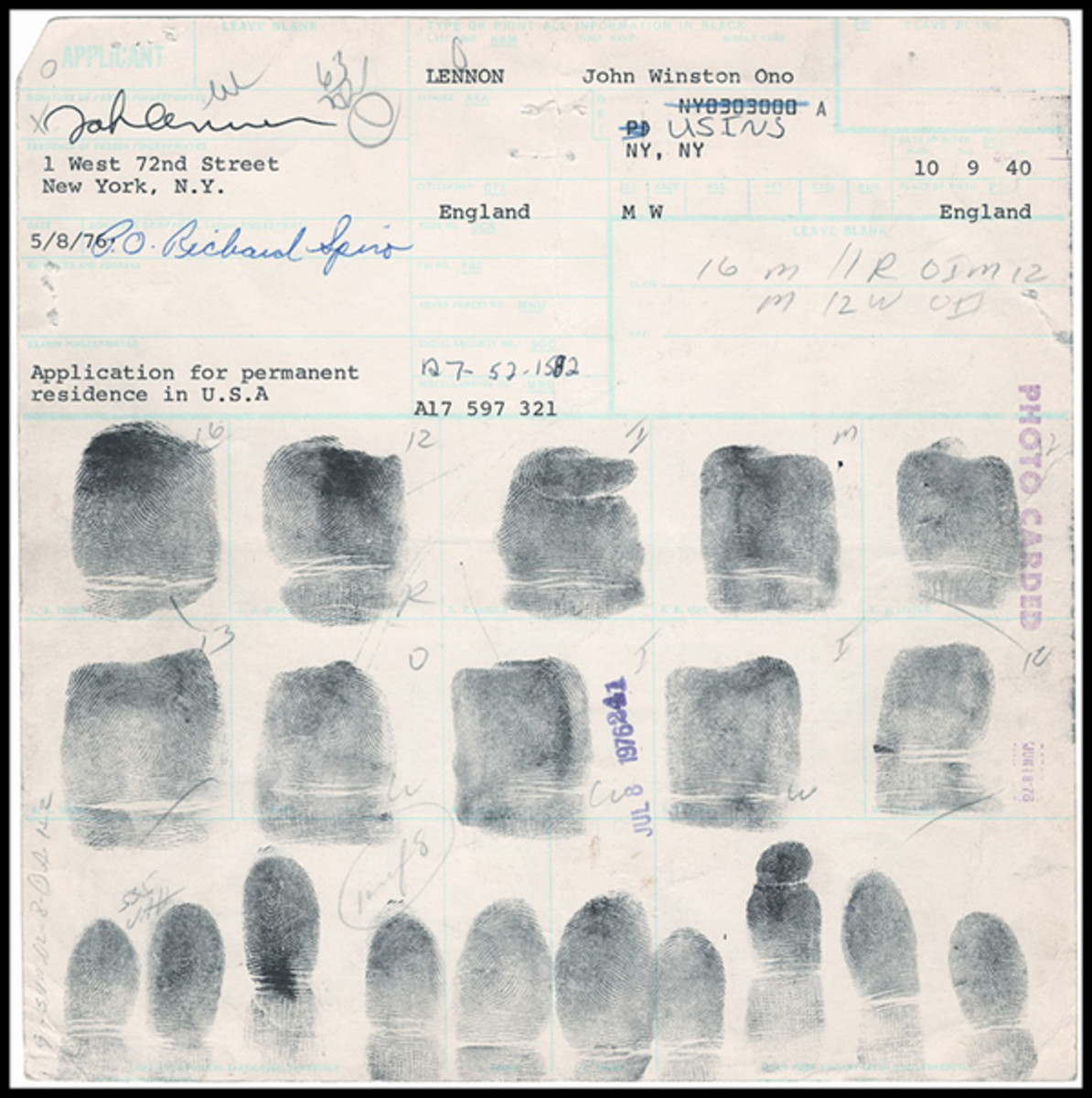 The FBI seized this John Lennon fingerprint card from Gotta Have It!, which had the piece for sale in its Rock & Roll Pop Culture Auction. Photo courtesy of Gotta Have It!