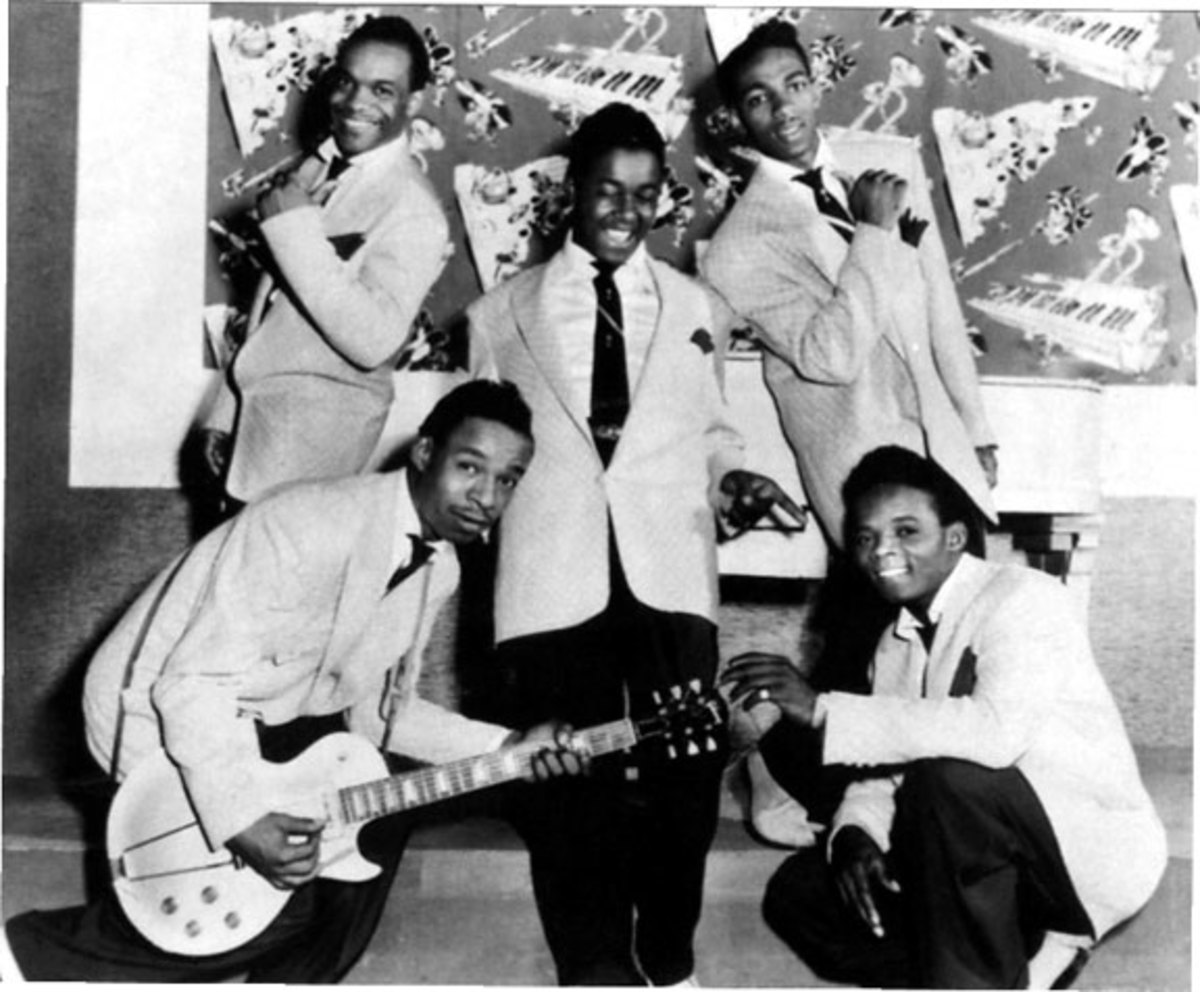 The "Work With Me, Annie" era of Royals/Midnighters in 1954 was (top, from left) Charles Sutton, Sonny Wood and Lawson Smith and (bottom, from left) guitarist Arthur Porter and Hank Ballard. Photo courtesy Todd Baptista.