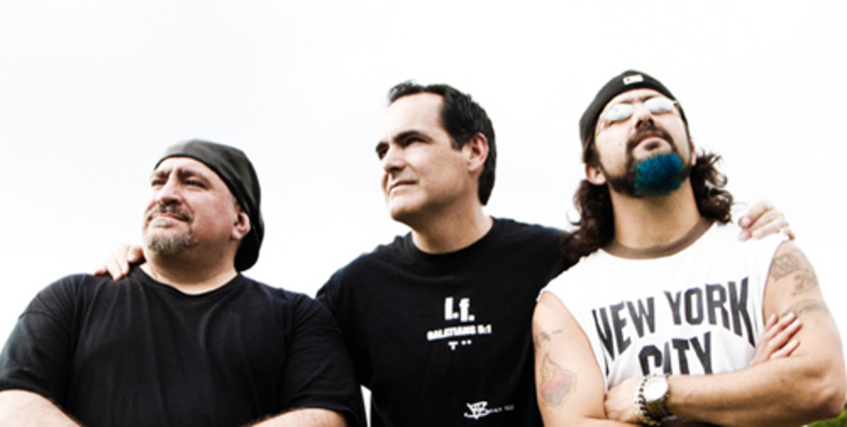 Neal Morse (middle) with recording partners Randy George (left) and Mike Portnoy (right).