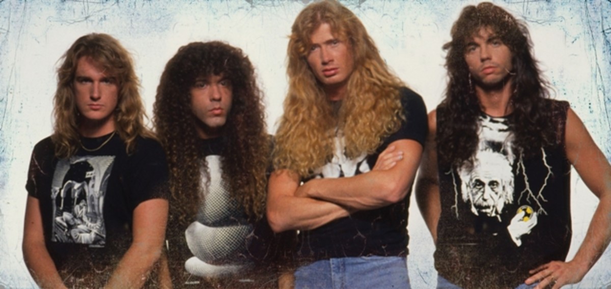  Megadeth during "Countdown To Extinction." Left to right: Dave Ellefson, Marty Friedman, Mustaine and Nick Menza. Photo by Ross Halfin.