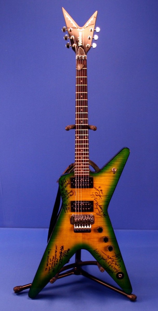 This Pantera Dimebag Darrell signature guitar features not only autographs from Pantera members, but messages from them as well. Photo courtesy of Backstage Auctions