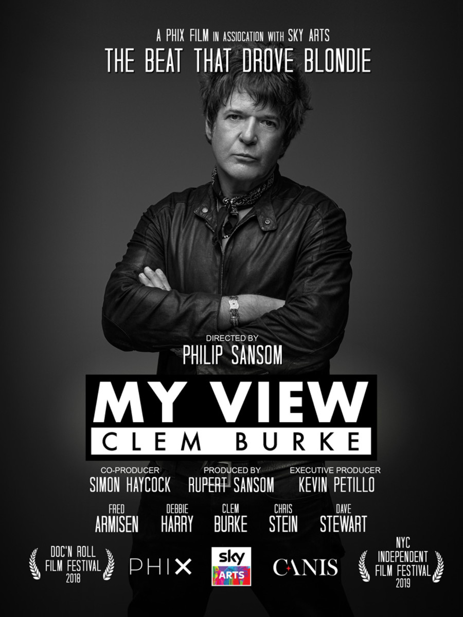  The poster for the documentary film Clem Burke: My View, which was directed by Phil Sansom, is shown here.