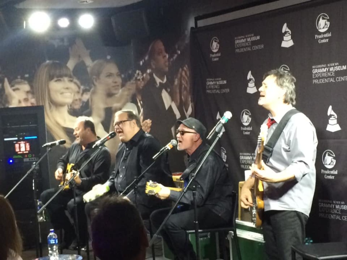  The Smithereens (left to right: Jim Babjak, Dennis Diken, guest vocalist Marshall Crenshaw and Mike Mesaros) participated in a night of talk and music at the Grammy Museum Experience at the Prudential Center in Newark, NJ on Thursday, October 24th. (Photo by John Curley)
