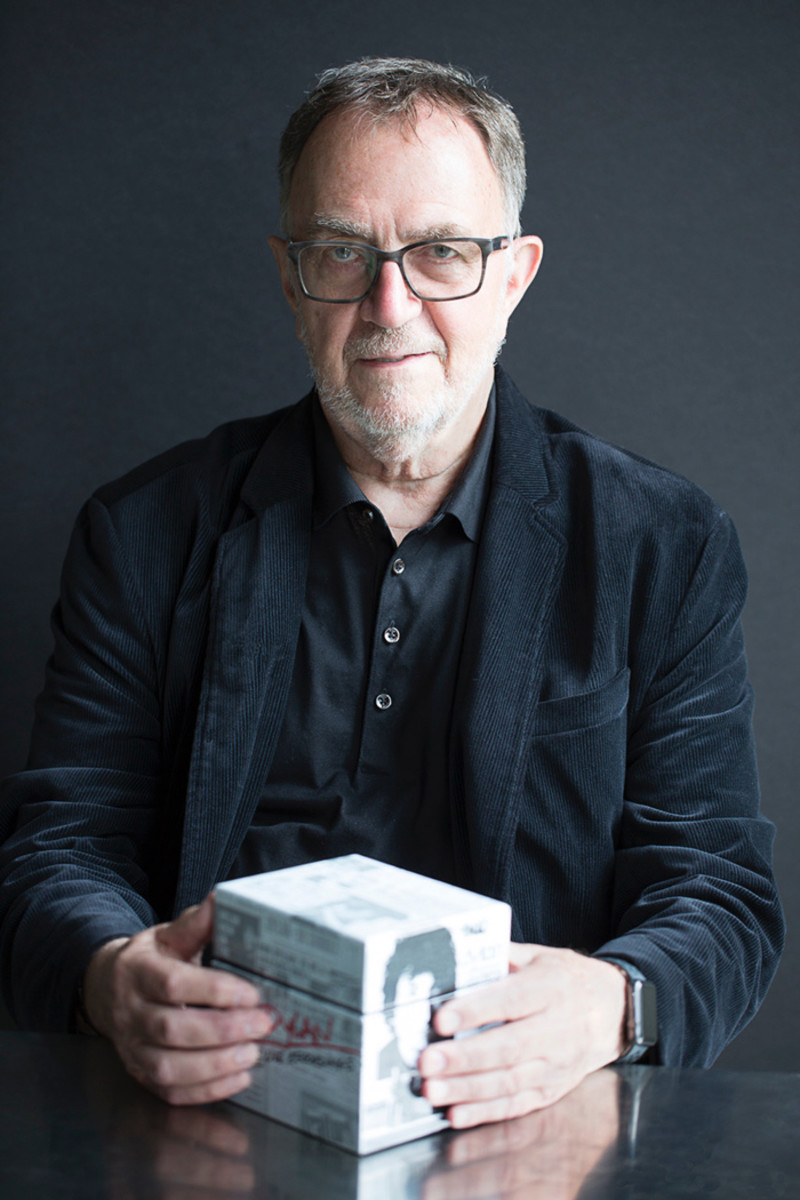  Richard Alderson today. Richard is holding the 36-disc Dylan Tour box set, "Bob Dylan: The 1966 Live Recordings," which he initially recorded via mixing board tapes. Photo by John Peden; courtesy of Richard Alderson.