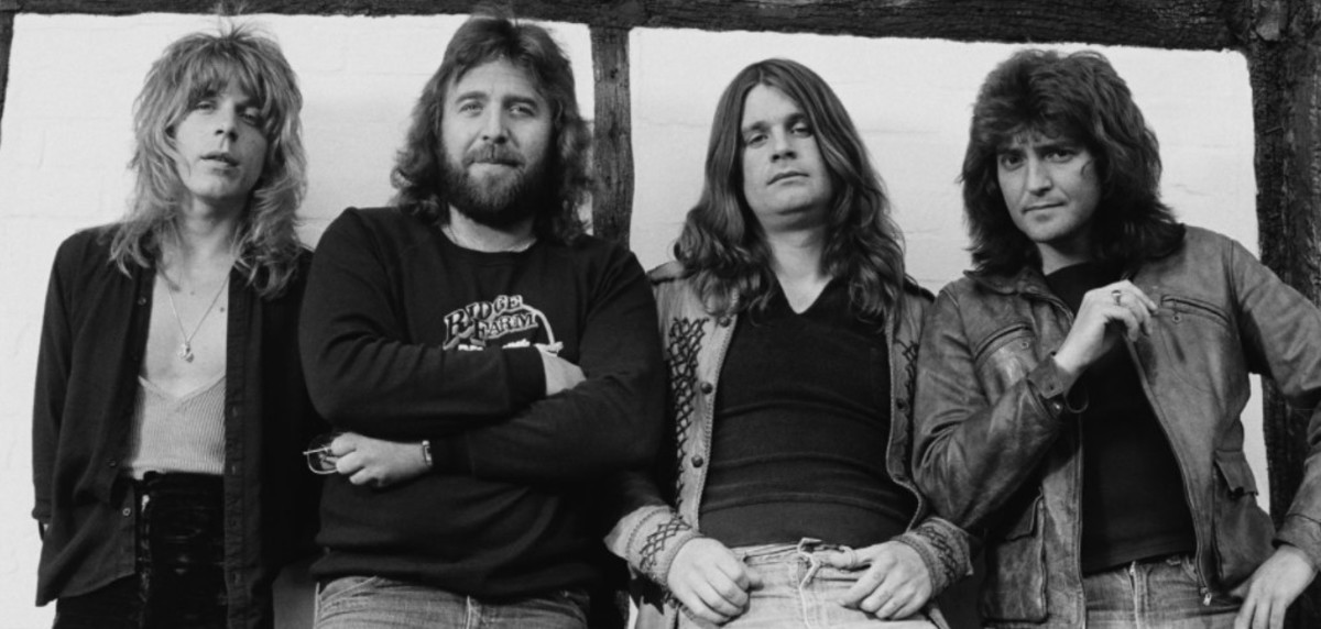 Blizzard of Ozz, early 1980s: Randy Rhoads, Lee Kerslake, Ozzy Osbourne, and Bob Daisley, photo Fin Costello/Redferns, Getty Images