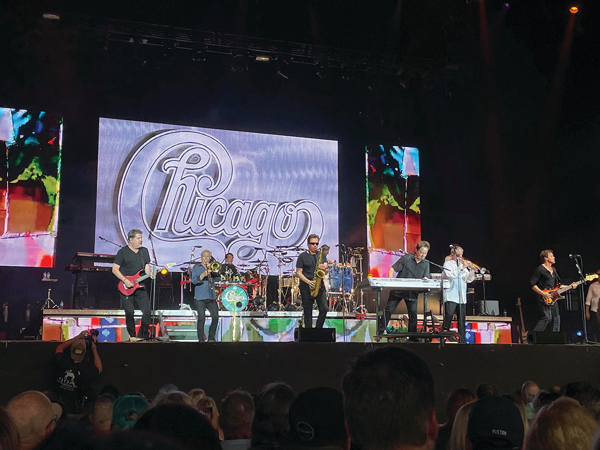 Chicago performing in Dallas, Texas, on Saturday, June 26, 2021, at the Dos Equis Pavilion at Fair Park. Founding member and trumpet player Lee Loughnane is second from right. Photo by Rush Evans.undefined