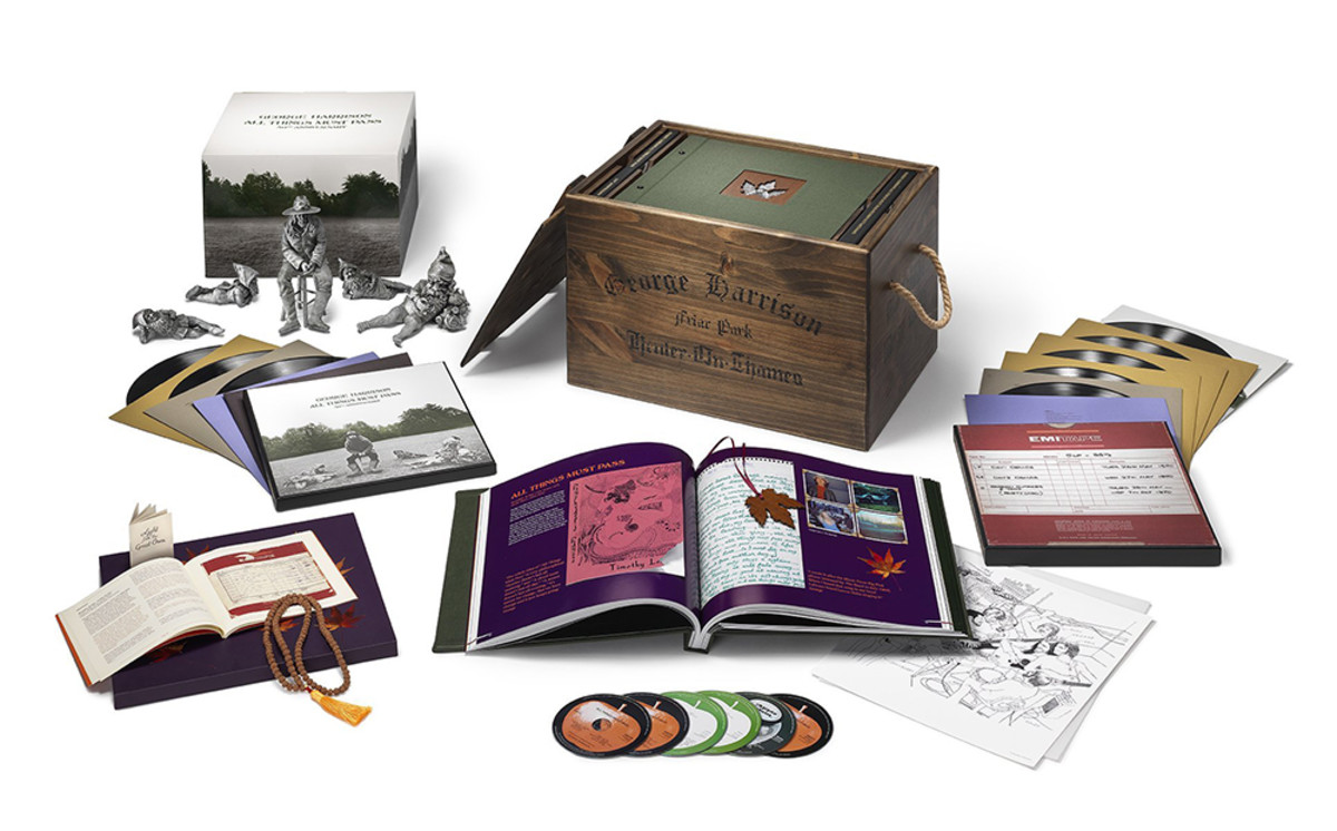 The All Things Must Pass ‘Uber Deluxe Edition,’ an 8-LP/5-CD/Blu-ray set, which comes in a wooden crate with books, gnome figurines, a Klaus Voormann illustration and a lot more. It retails for $999.98. More affordable sets are also available.