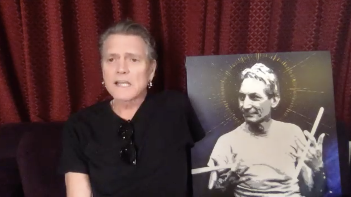 Rick Allen on the Goldmine Podcast with his Charlie Watts artwork.