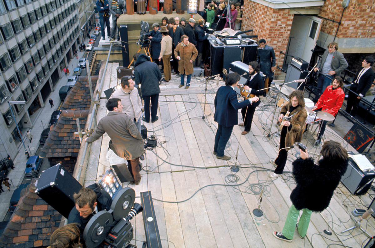 Beatles on the Apple Records rooftop on January 30, 1969