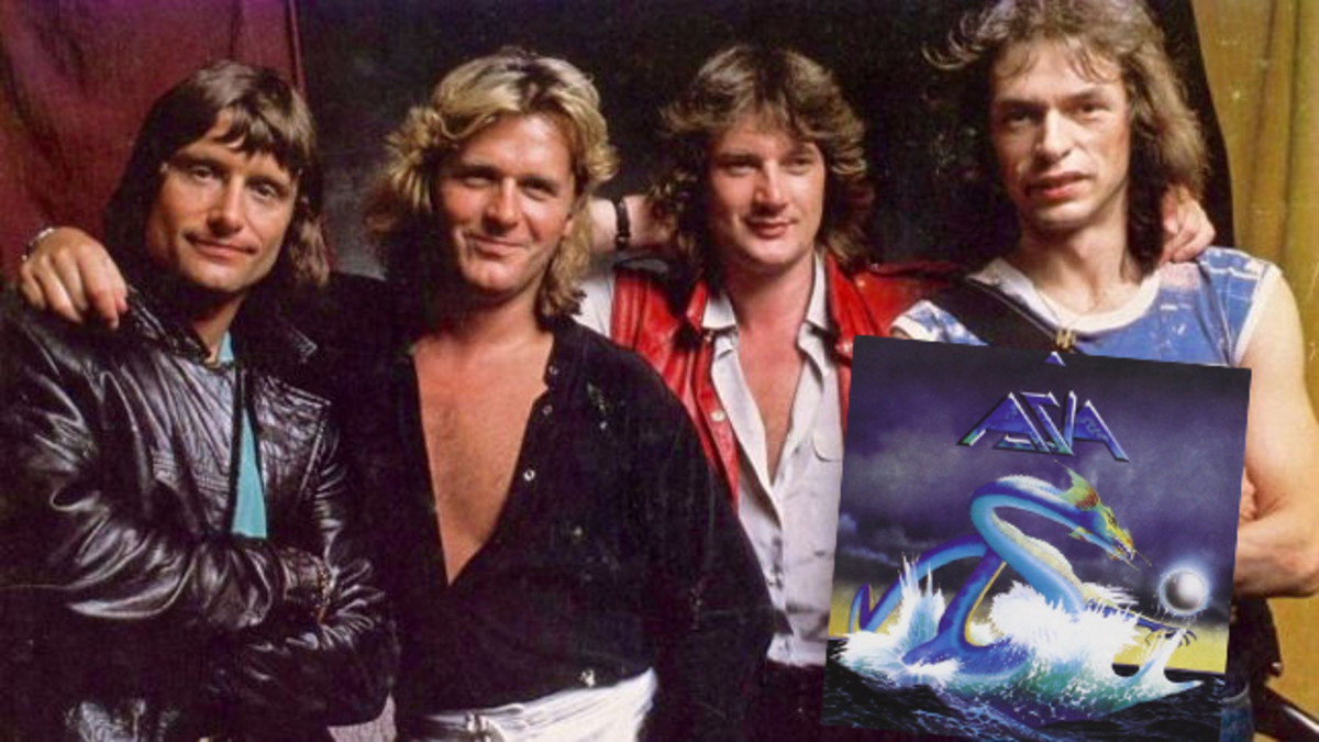 Steve Howe (far right) with the band Asia and their debut album. Publicity photo.