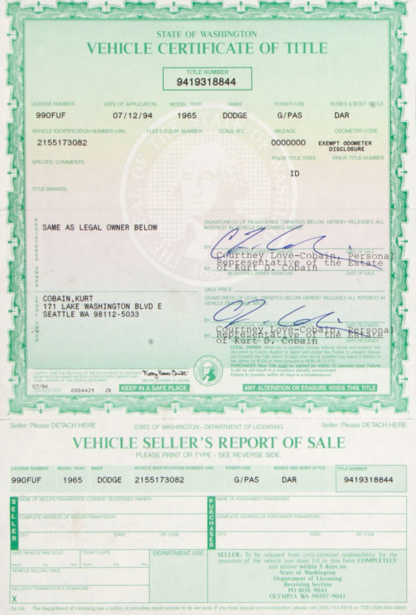 Vehicle title showing ownership by Kurt Cobain and Courtney Love