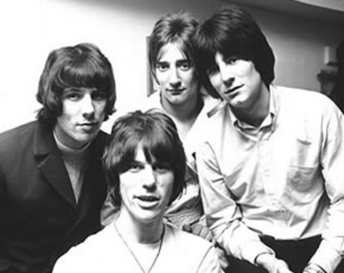 The Jeff Beck Group publicity photo in 1967, (front): Jeff Beck, (rear, l-r): Aynsley Dunbar, Rod Stewart, Ronnie Wood.