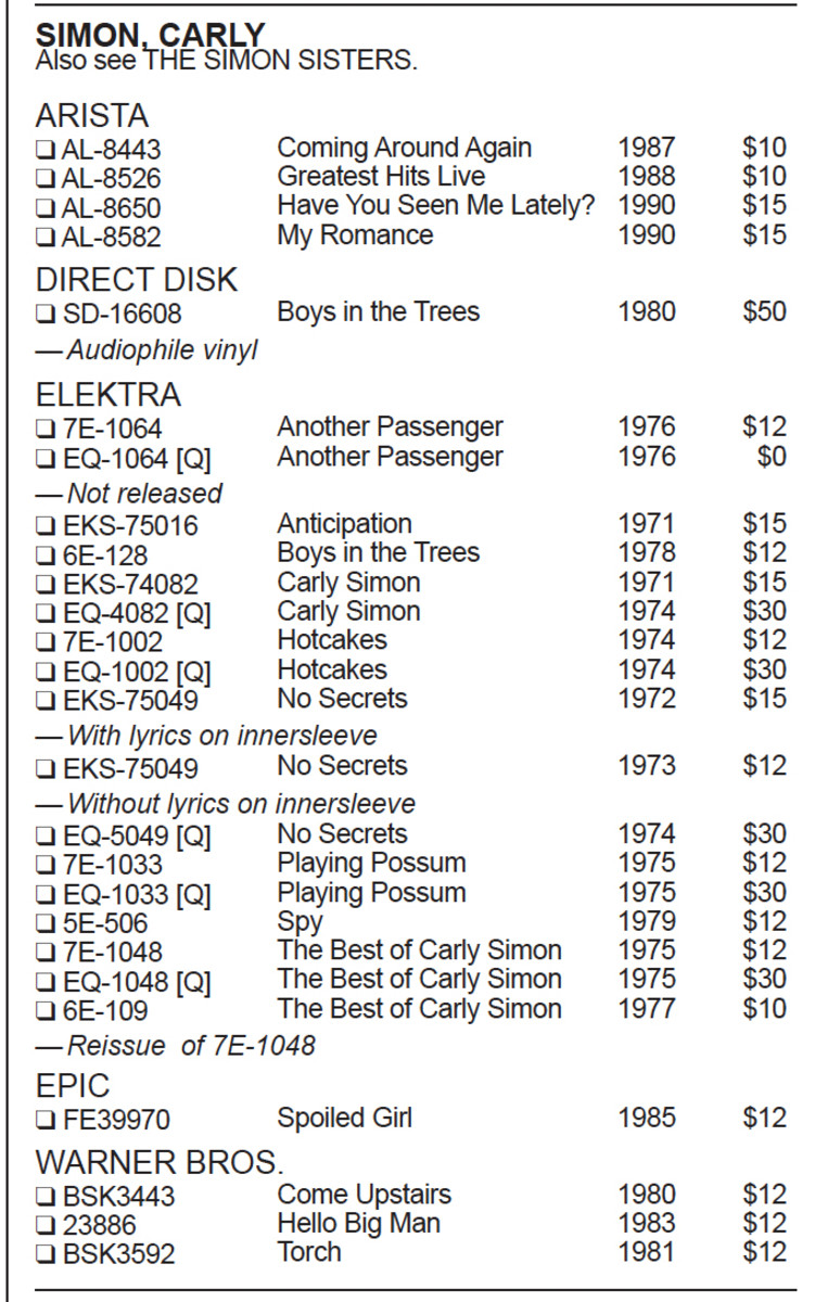 Goldmine's selected discography and price guide fo Carly Simon .
