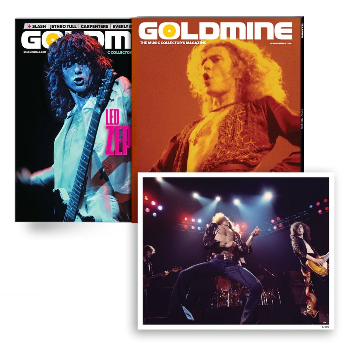 Collector's print edition of Goldmine's Led Zeppelin issue (only 200 made) with alternate cover and numbered 8x10 in a slipcase, photos taken from rare outtakes from photographer Neal Preston.