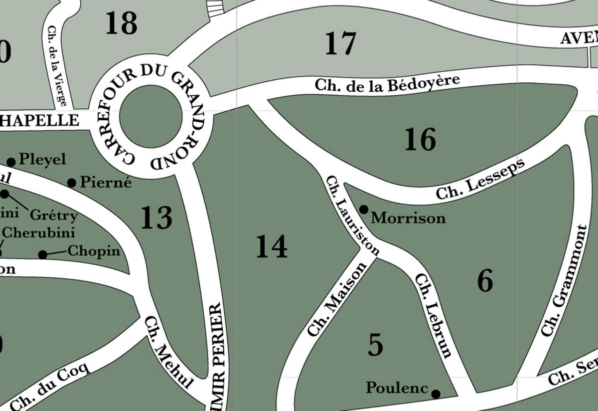 A crop of a "City of Immortals" map of the Père-Lachaise Cemetery, Paris, showing Jim Morrison's burial site.