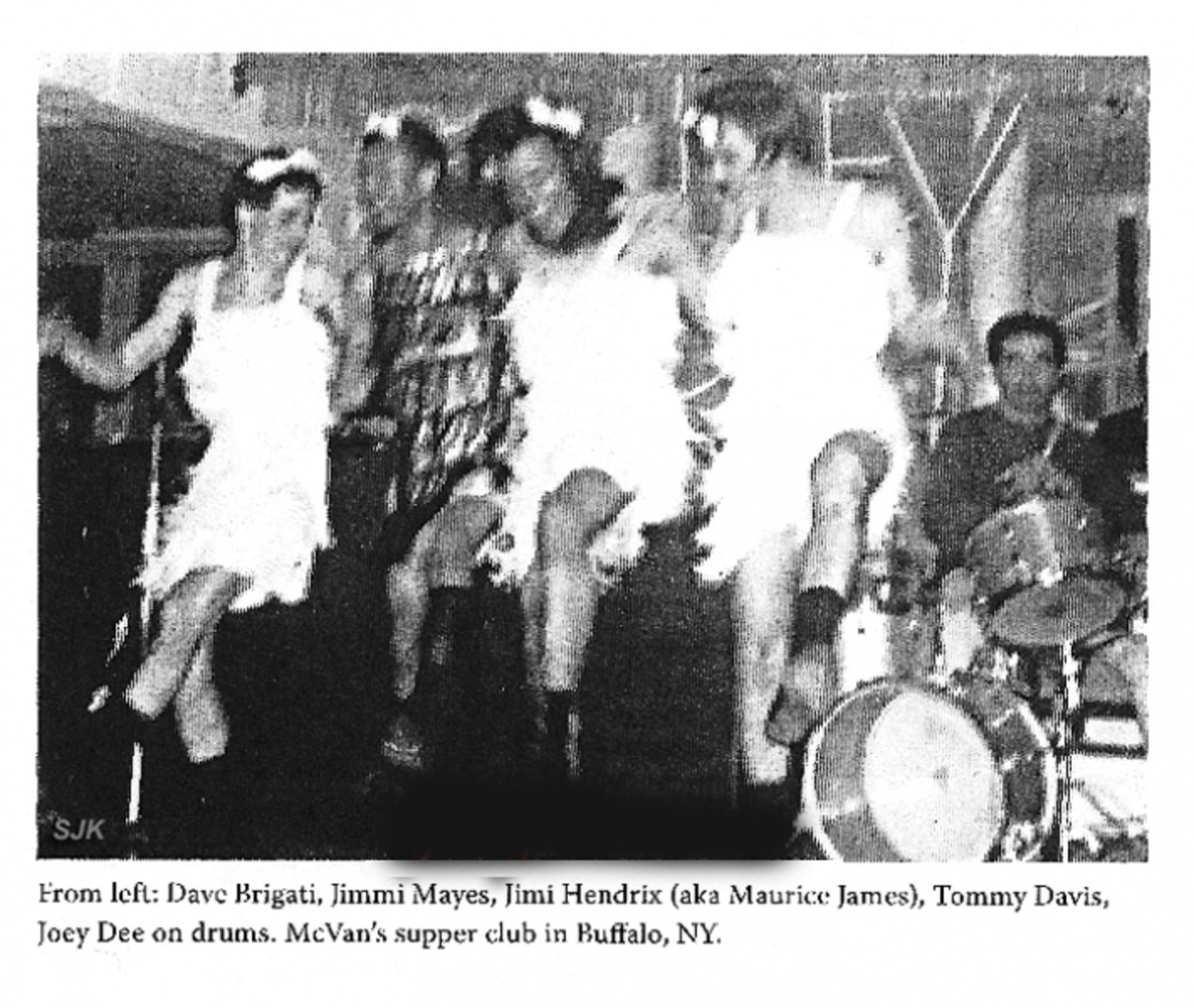 Starliters and Jimi Hendrix having fun onstage in Buffalo, NY. Courtesy of Joey Dee.