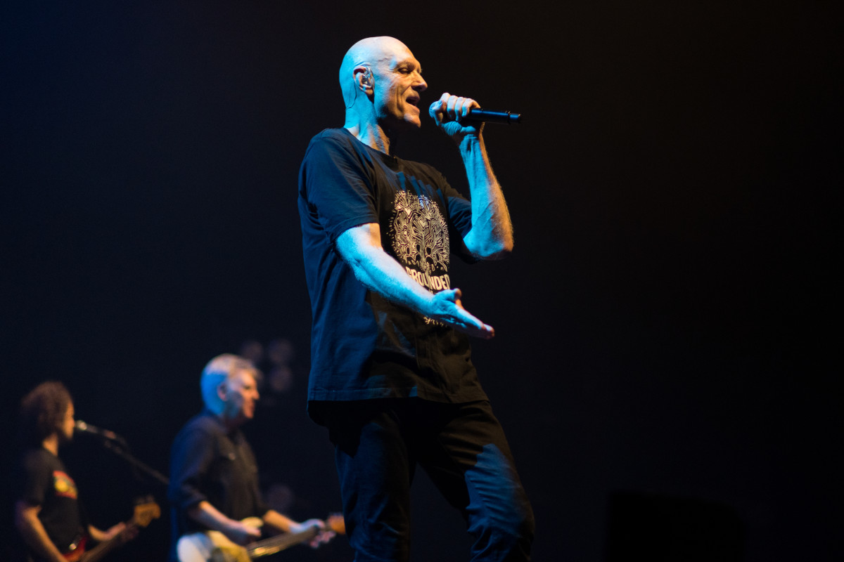 Peter Garrett is pictured in the foreground with Adam Ventoura (left) and Martin Rotsey in the background at Hammerstein Ballroom. (Photo by Ian Laidlaw)