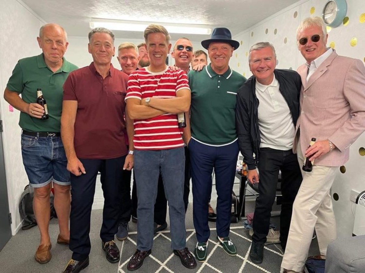 Stone Foundation are pictured backstage at St. Peter’s Church with special guests and former Style Council members Mick Talbot (far left) and Steve White (second from right). (Photo courtesy of Stone Foundation)